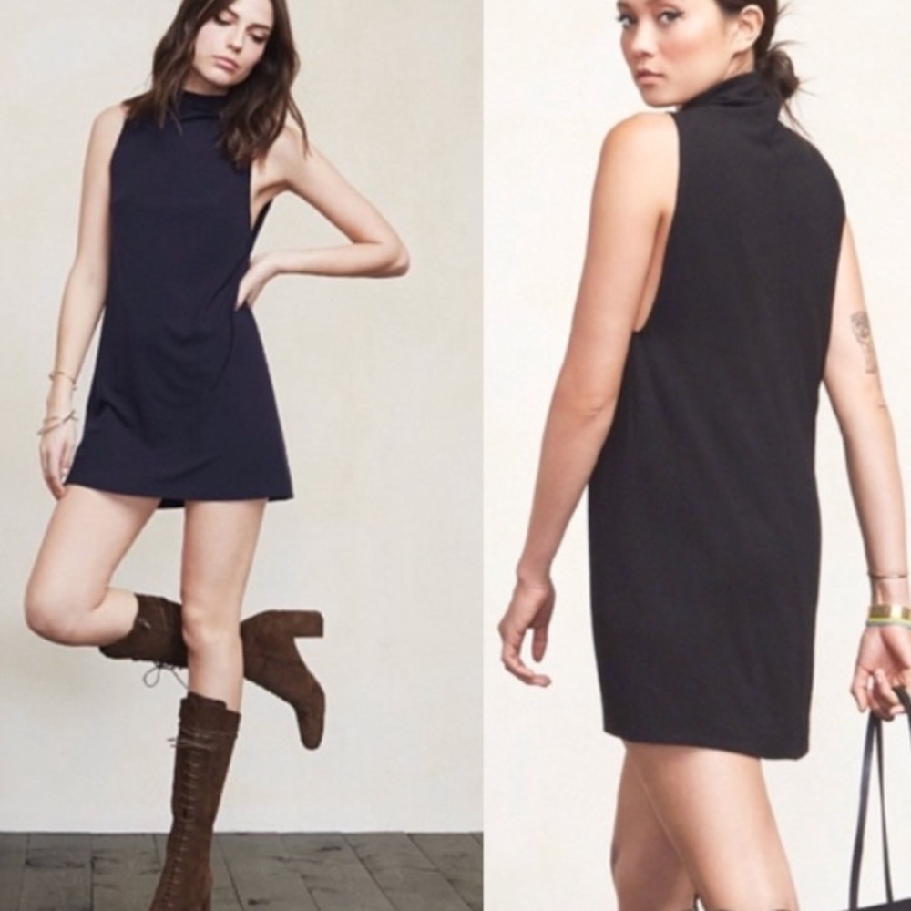 Reformation Cali Navy Ribbed Turtleneck Sleeveless Mini Dress - Picture 2 of 10